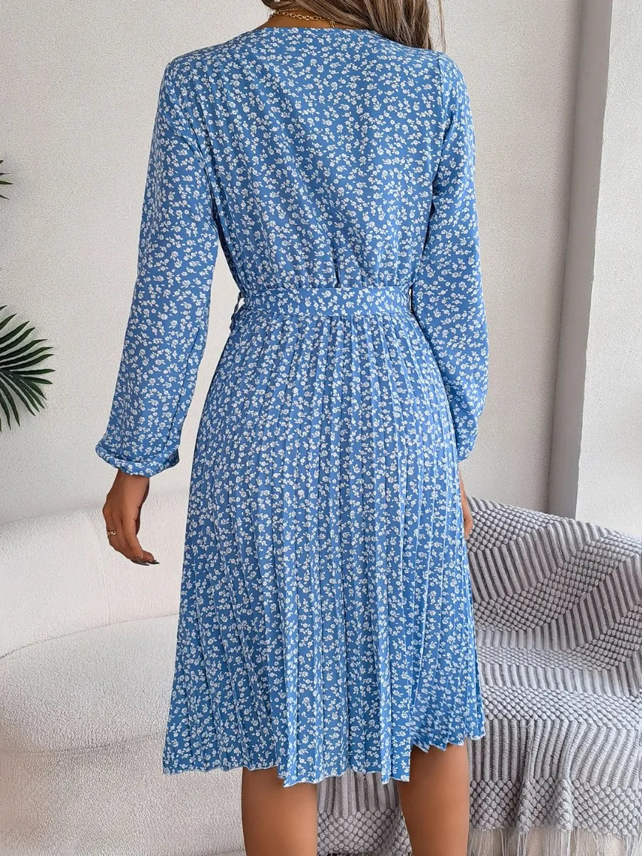 Ditsy Floral Tie Waist Pleated Dress - Korvel