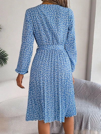 Ditsy Floral Tie Waist Pleated Dress - Korvel