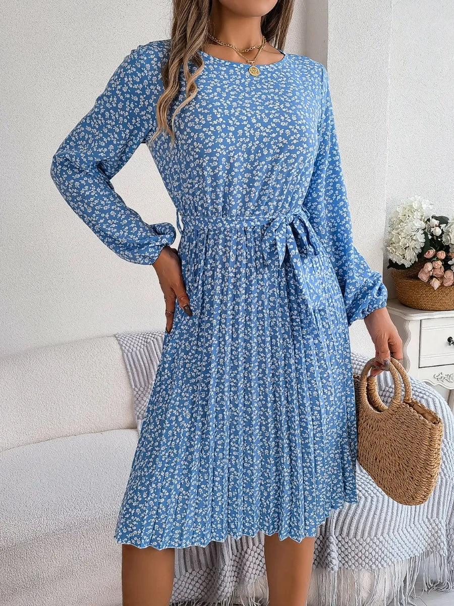 Ditsy Floral Tie Waist Pleated Dress - Korvel