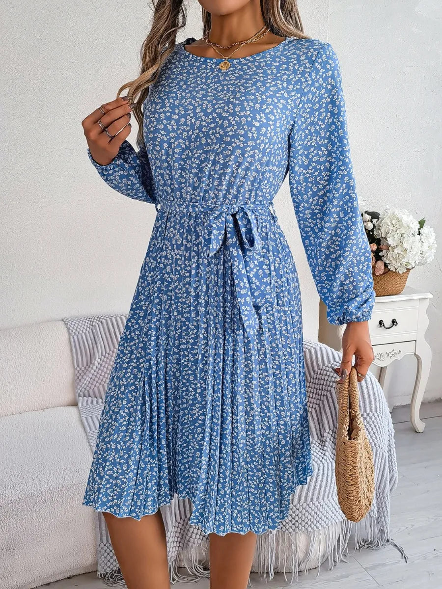 Ditsy Floral Tie Waist Pleated Dress - Korvel