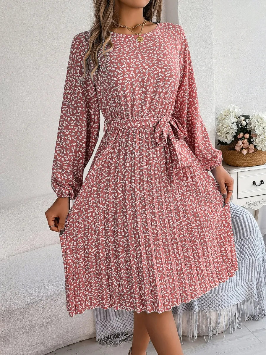 Ditsy Floral Tie Waist Pleated Dress - Korvel
