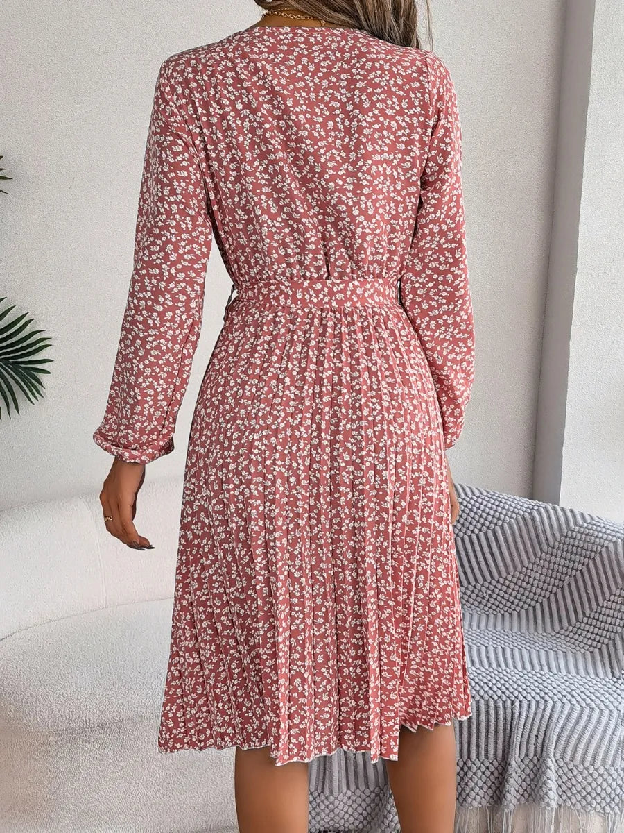 Ditsy Floral Tie Waist Pleated Dress - Korvel