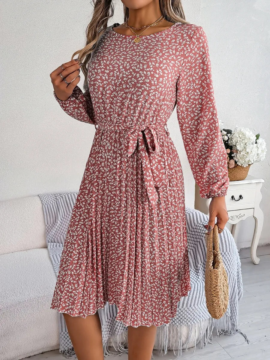 Ditsy Floral Tie Waist Pleated Dress - Korvel