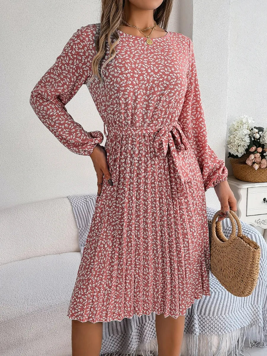 Ditsy Floral Tie Waist Pleated Dress - Korvel
