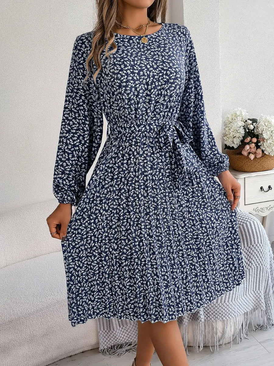 Ditsy Floral Tie Waist Pleated Dress - Korvel