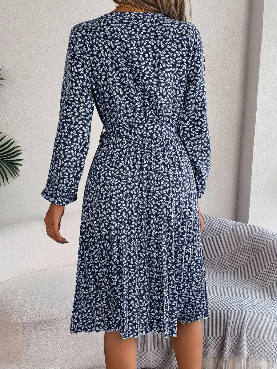 Ditsy Floral Tie Waist Pleated Dress - Korvel