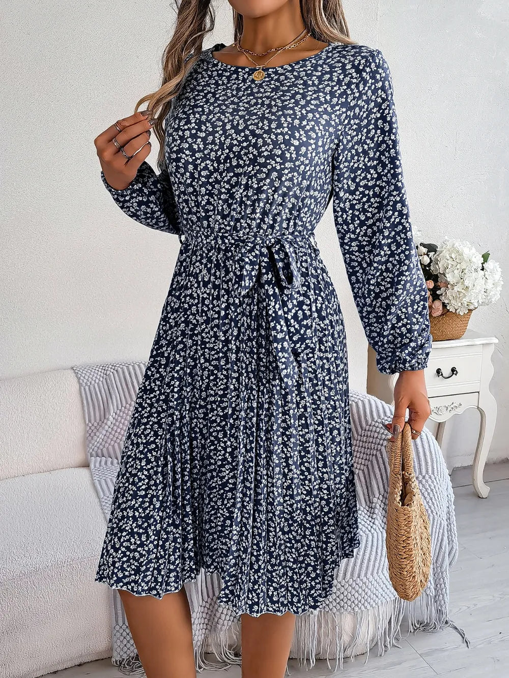 Ditsy Floral Tie Waist Pleated Dress - Korvel