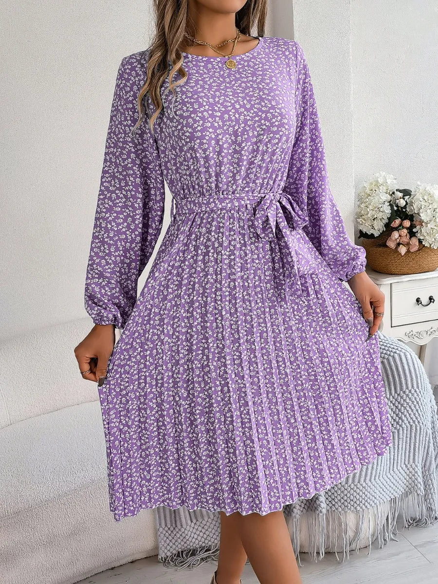 Ditsy Floral Tie Waist Pleated Dress - Korvel