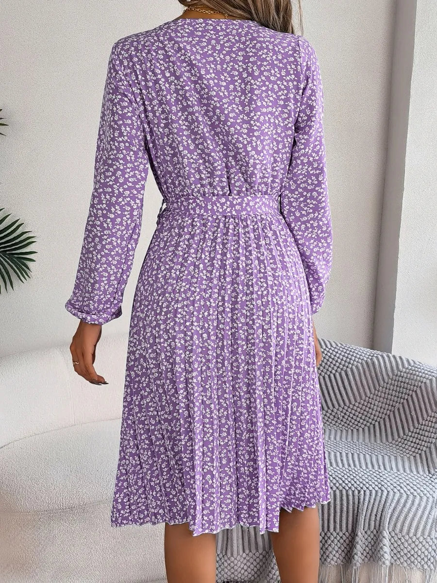 Ditsy Floral Tie Waist Pleated Dress - Korvel