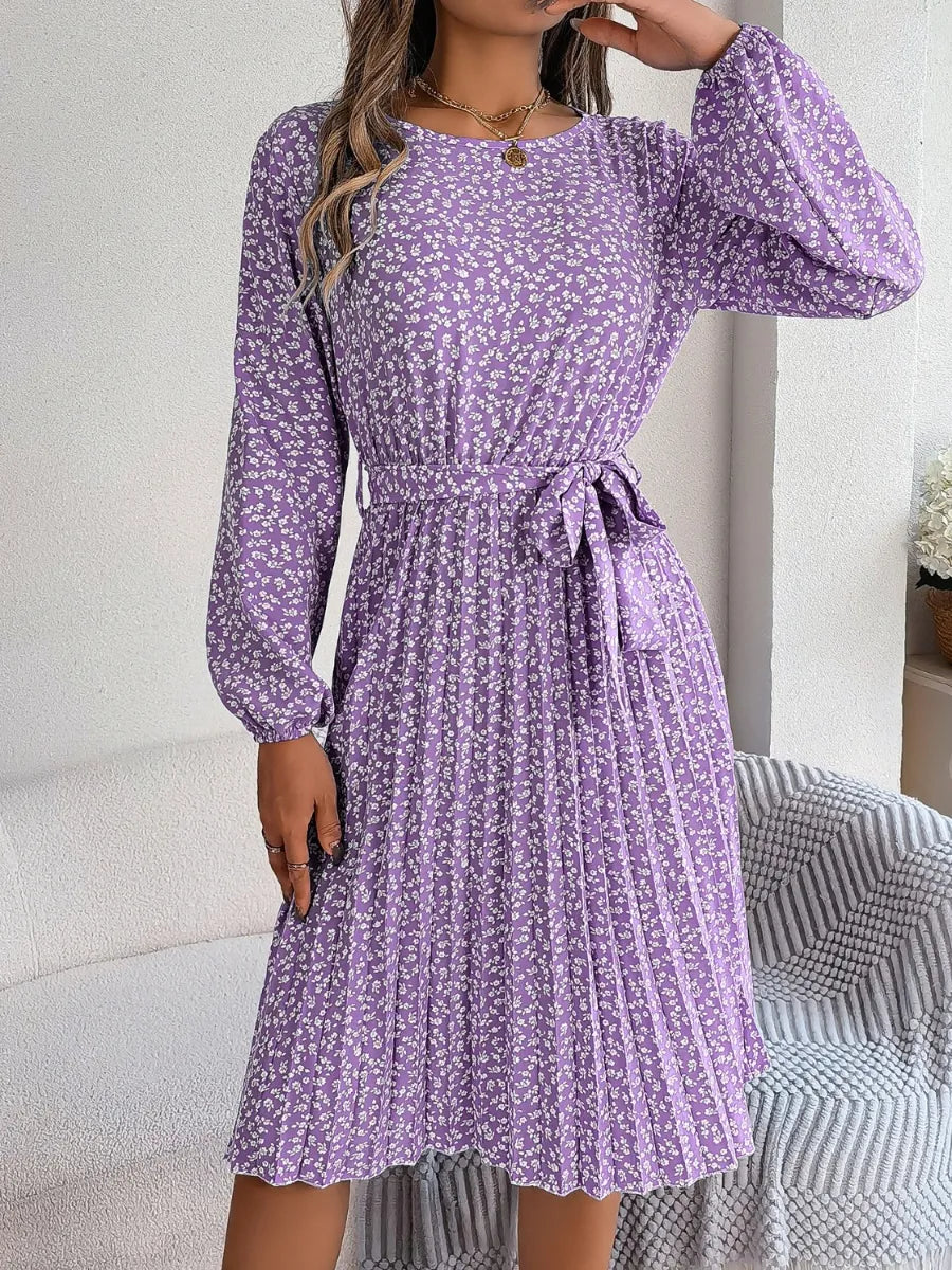 Ditsy Floral Tie Waist Pleated Dress - Korvel