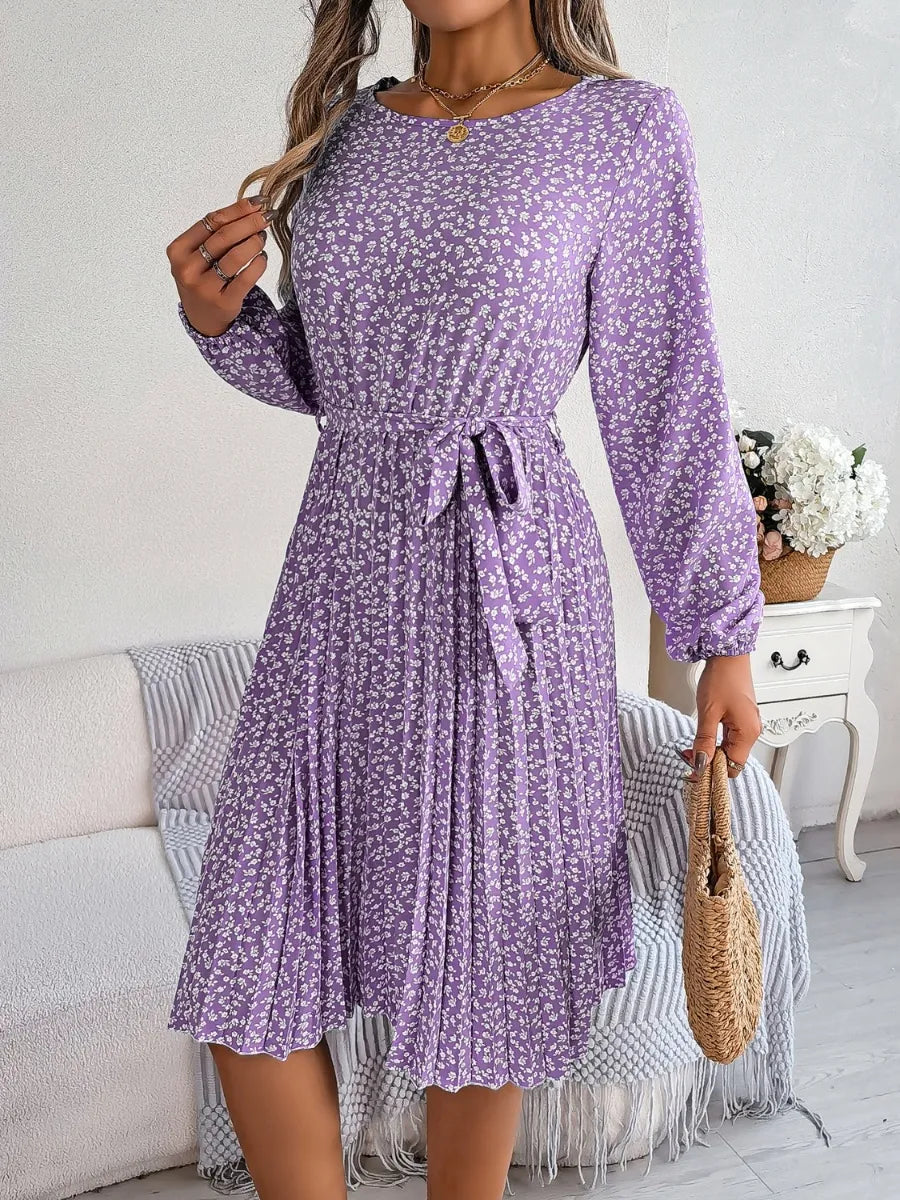 Ditsy Floral Tie Waist Pleated Dress - Korvel