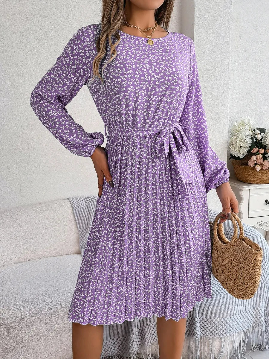 Ditsy Floral Tie Waist Pleated Dress - Korvel