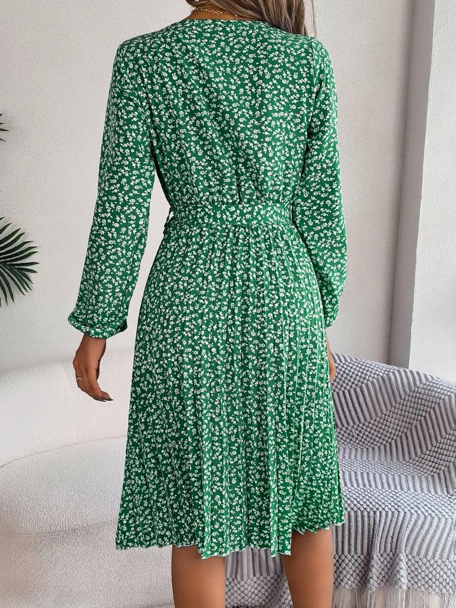 Ditsy Floral Tie Waist Pleated Dress - Korvel