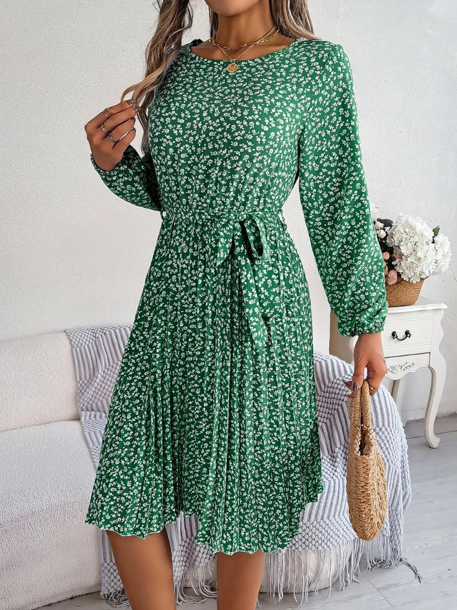 Ditsy Floral Tie Waist Pleated Dress - Korvel