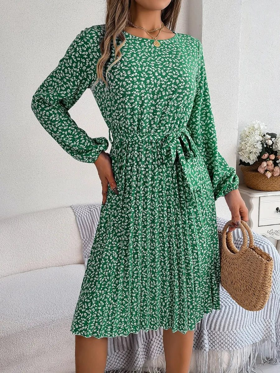 Ditsy Floral Tie Waist Pleated Dress - Korvel