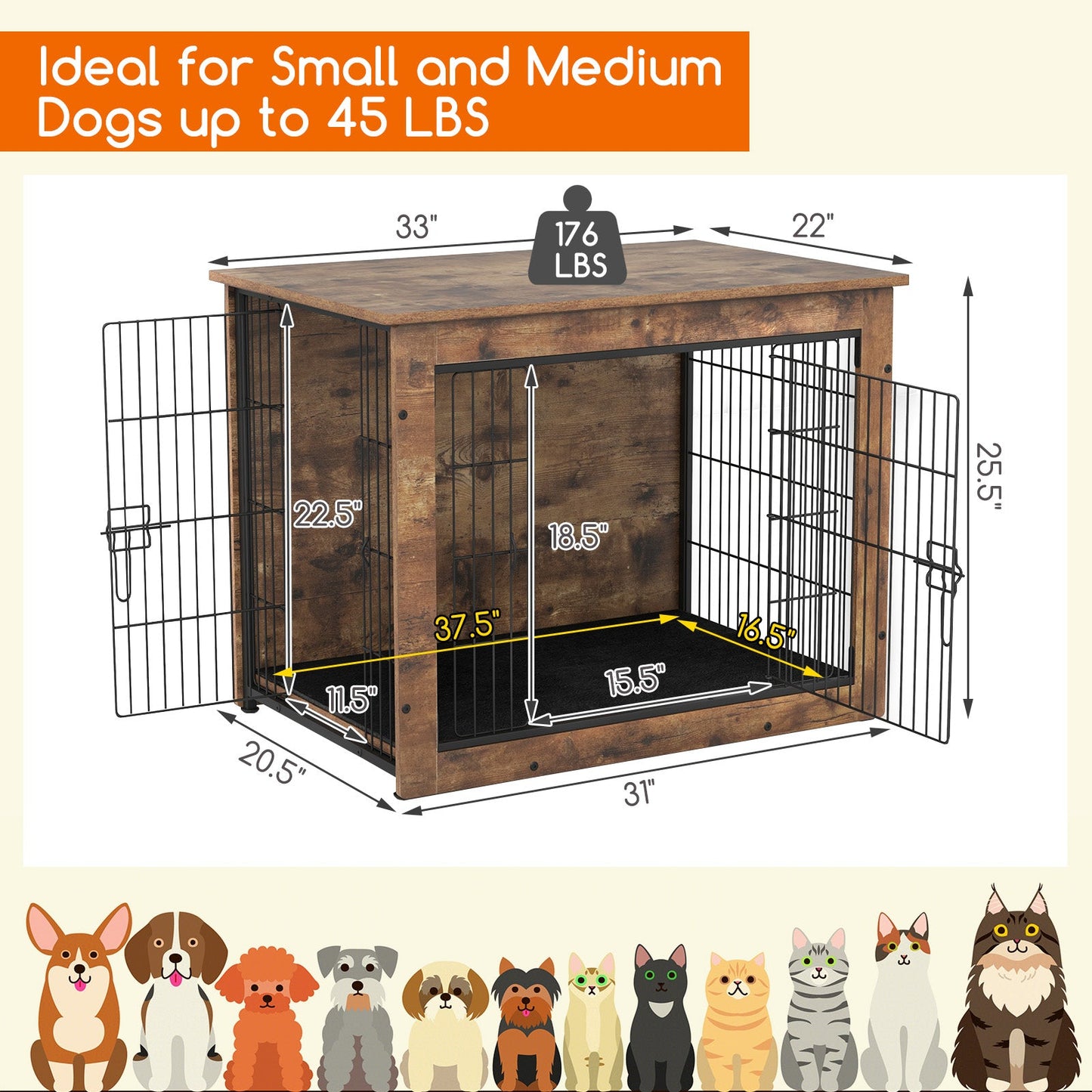 Meuble de caisse pour chien Gbruno avec coussin et double portes - 33 pouces