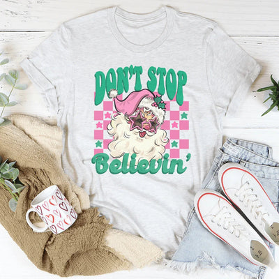 Don't Stop Believin' Pink Santa Tee