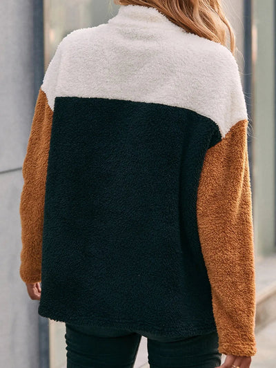 Double sided plush contrasting patch pocket hoodie color blocked plush top for women - Korvel