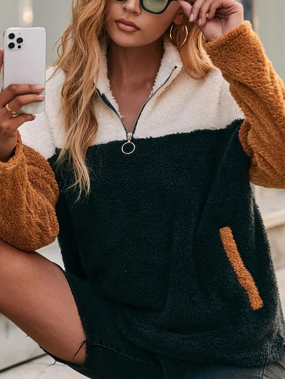 Double sided plush contrasting patch pocket hoodie color blocked plush top for women - Korvel