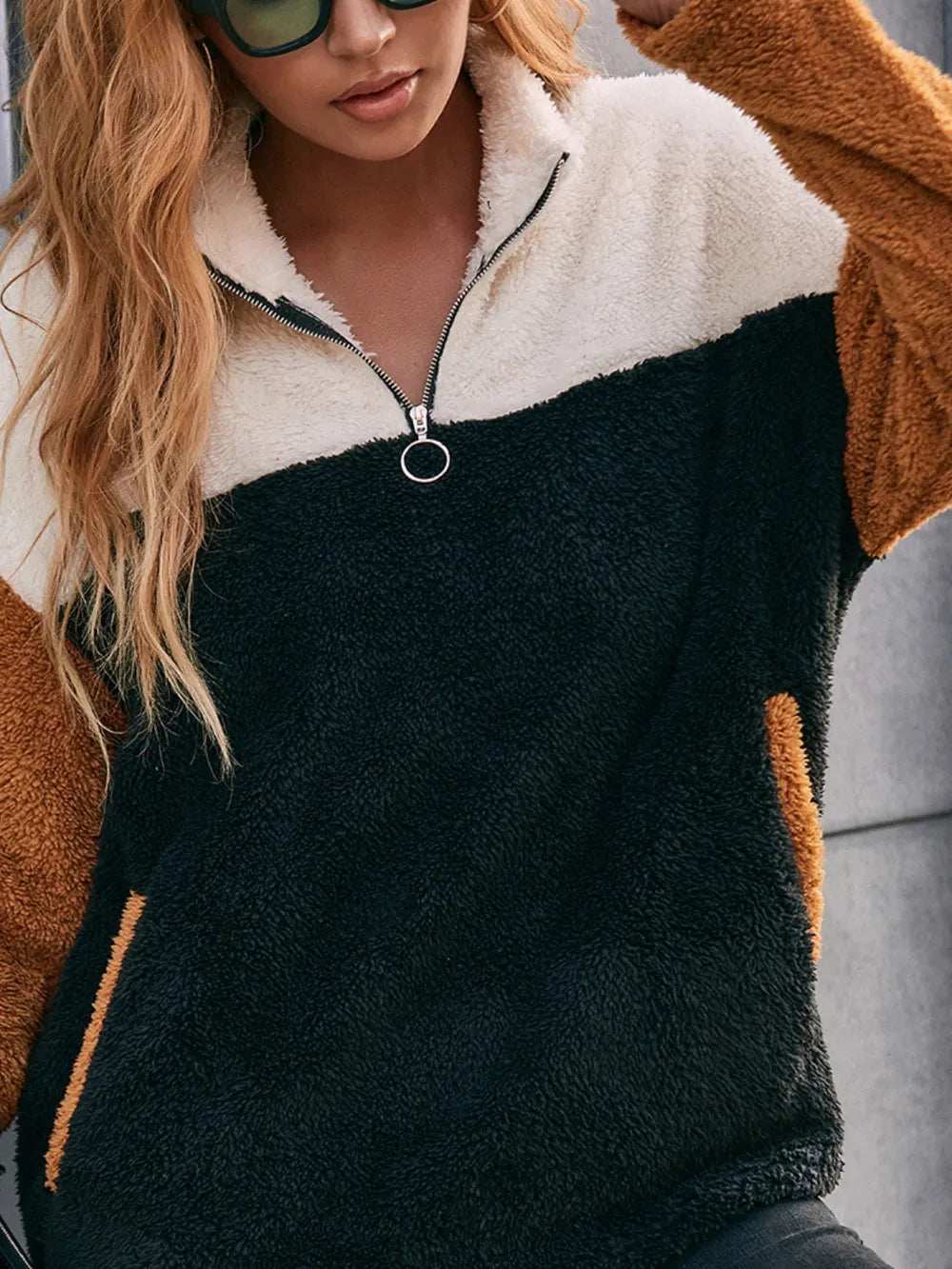 Double sided plush contrasting patch pocket hoodie color blocked plush top for women - Korvel