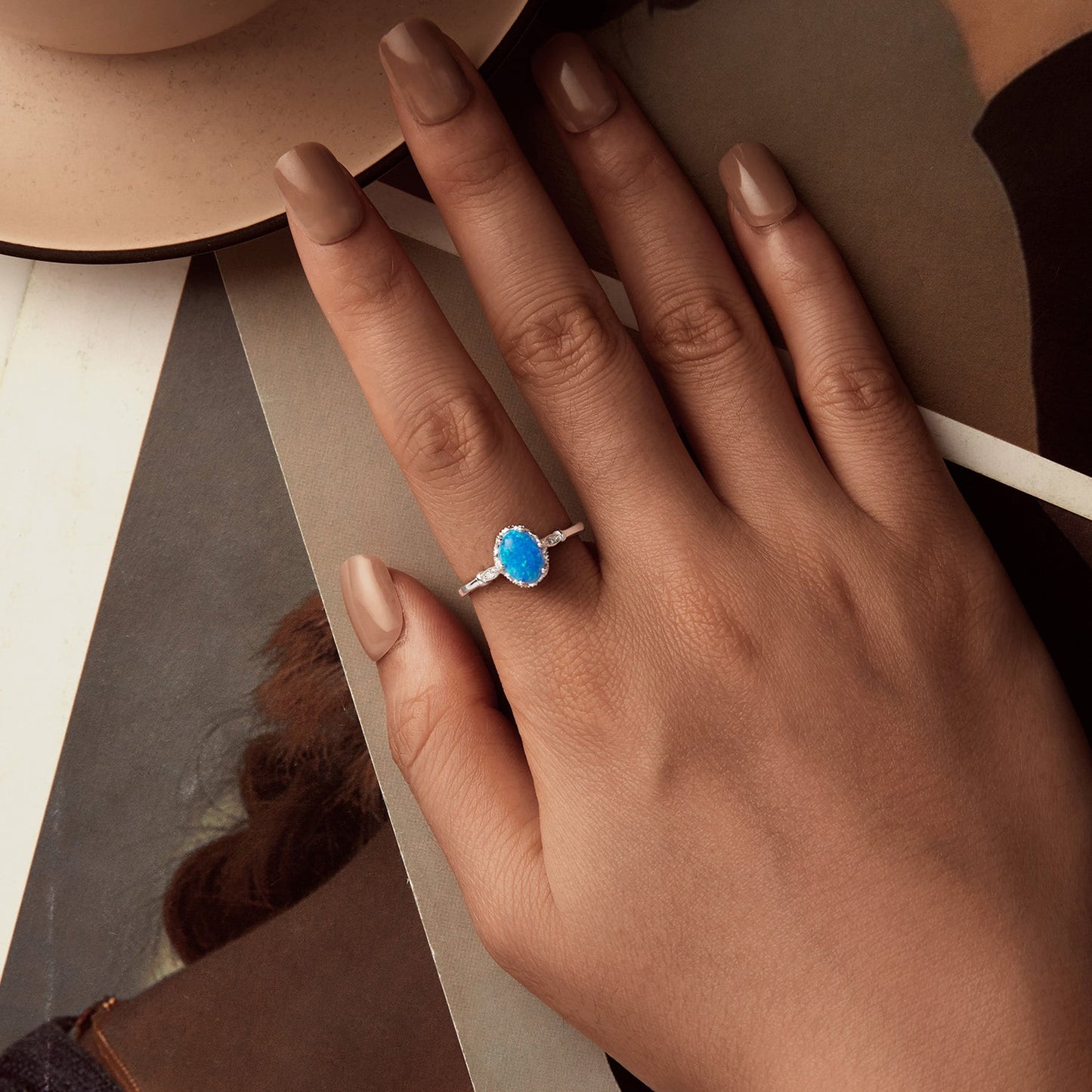 925 Sterling Silver Opal Engagement Ring with White Gold Plating
