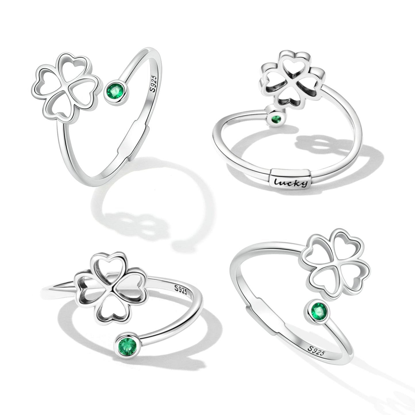 925 Sterling Silver Four-Leaf Clover Ring with Pavé CZ