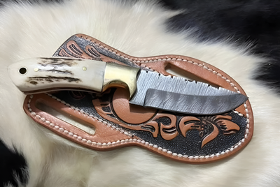 Damascus Steel Cowboy Knife & Antler Sheath Set - Korvel