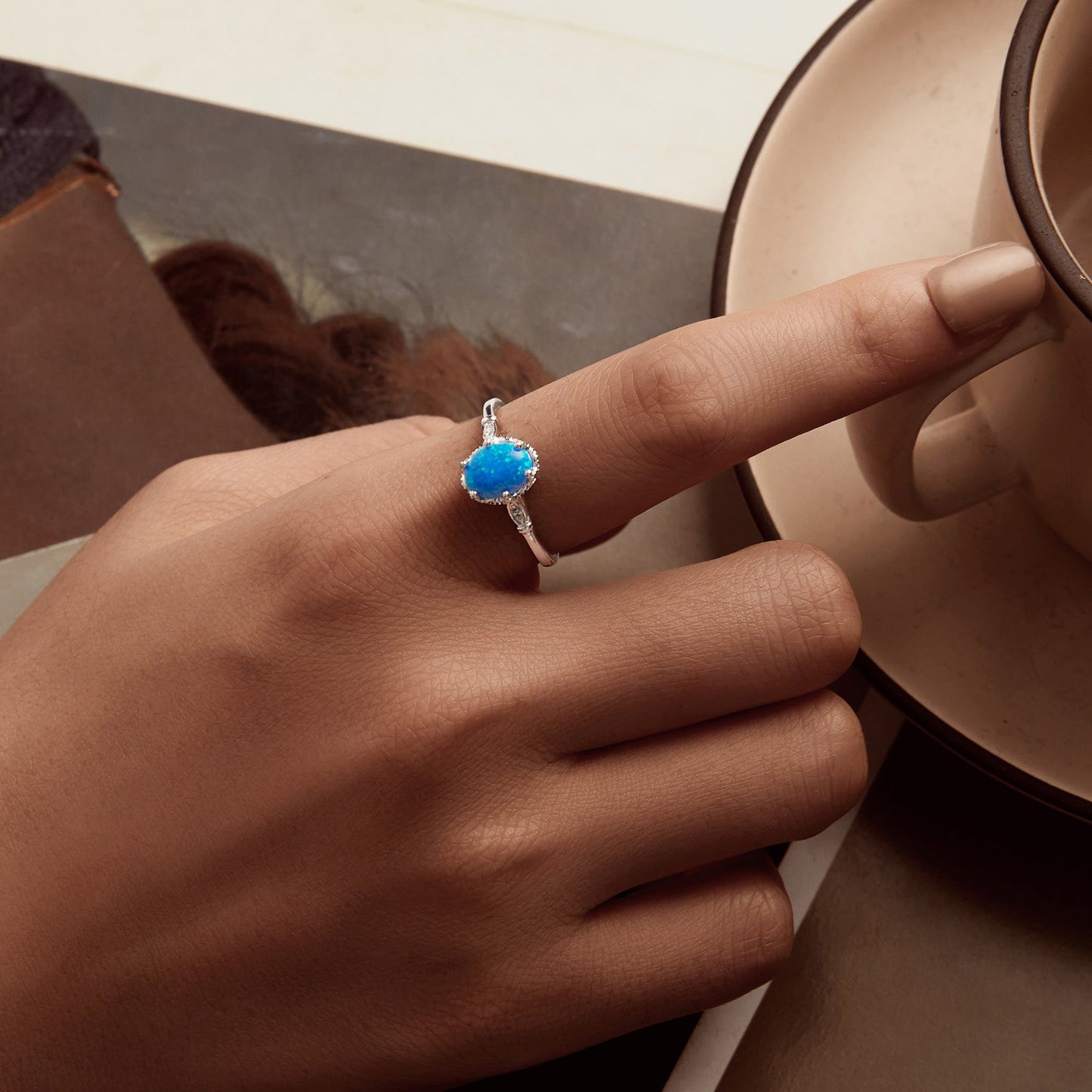 925 Sterling Silver Opal Engagement Ring with White Gold Plating
