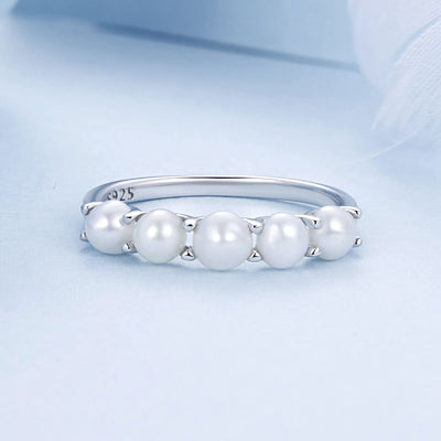 925 Sterling Silver Natural Pearl Platinum Plated Ring - Size 6.0