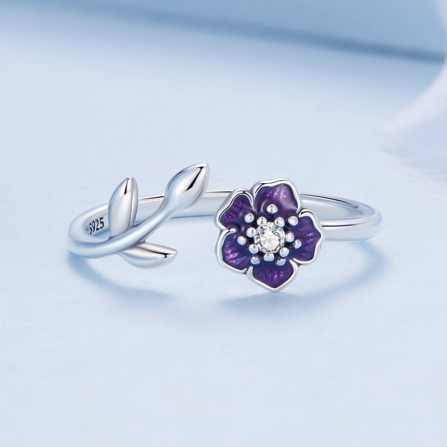 925 Sterling Silver Oxidized Flower Design Ring with Pavé CZ