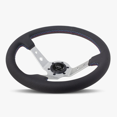 The Daytona Steering Wheel | Black Perforated Leather | Silver Spoke | Bavarian Stitch Design - Korvel
