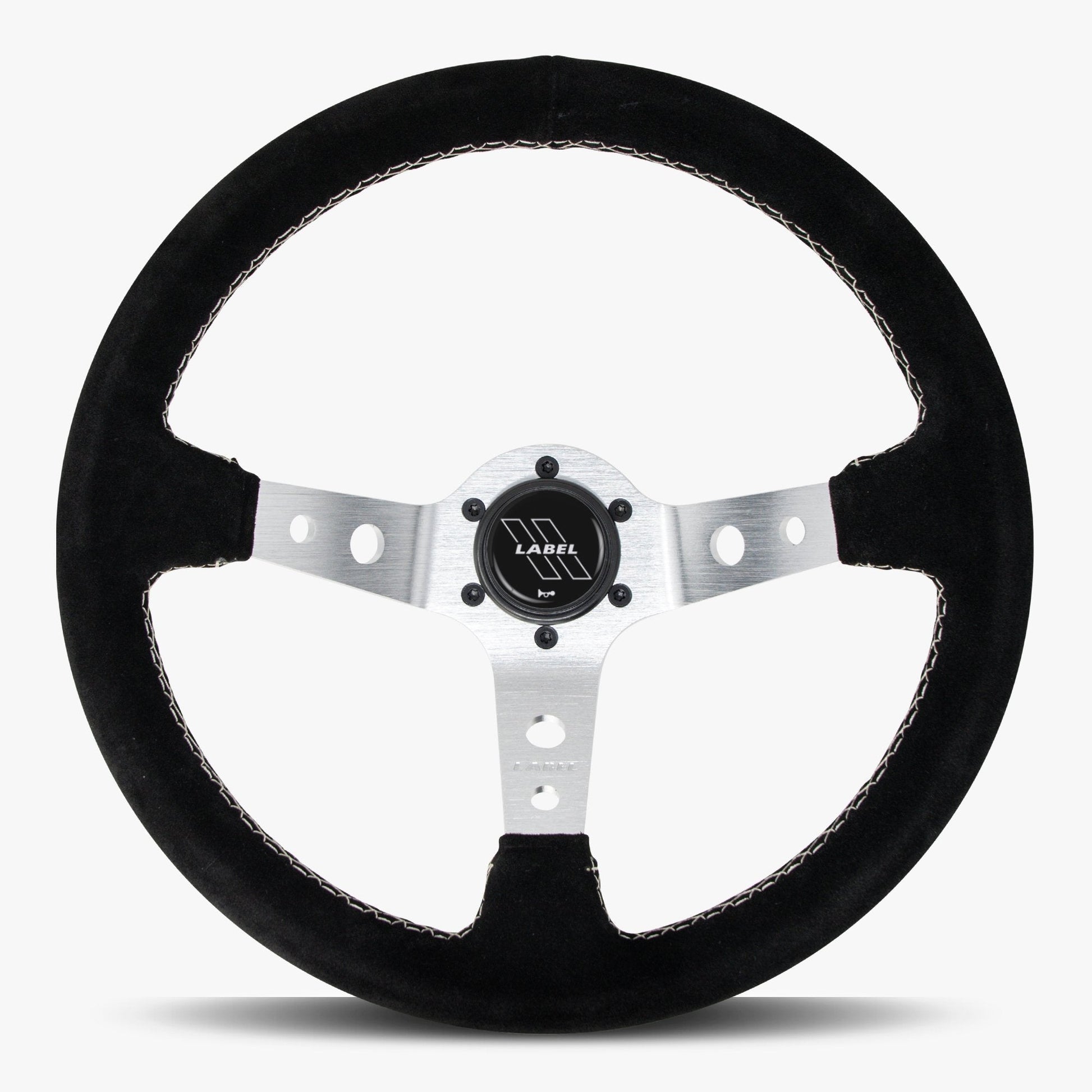 The Daytona Steering Wheel | Black Alcantara | Silver Spokes | White Stitching - Korvel