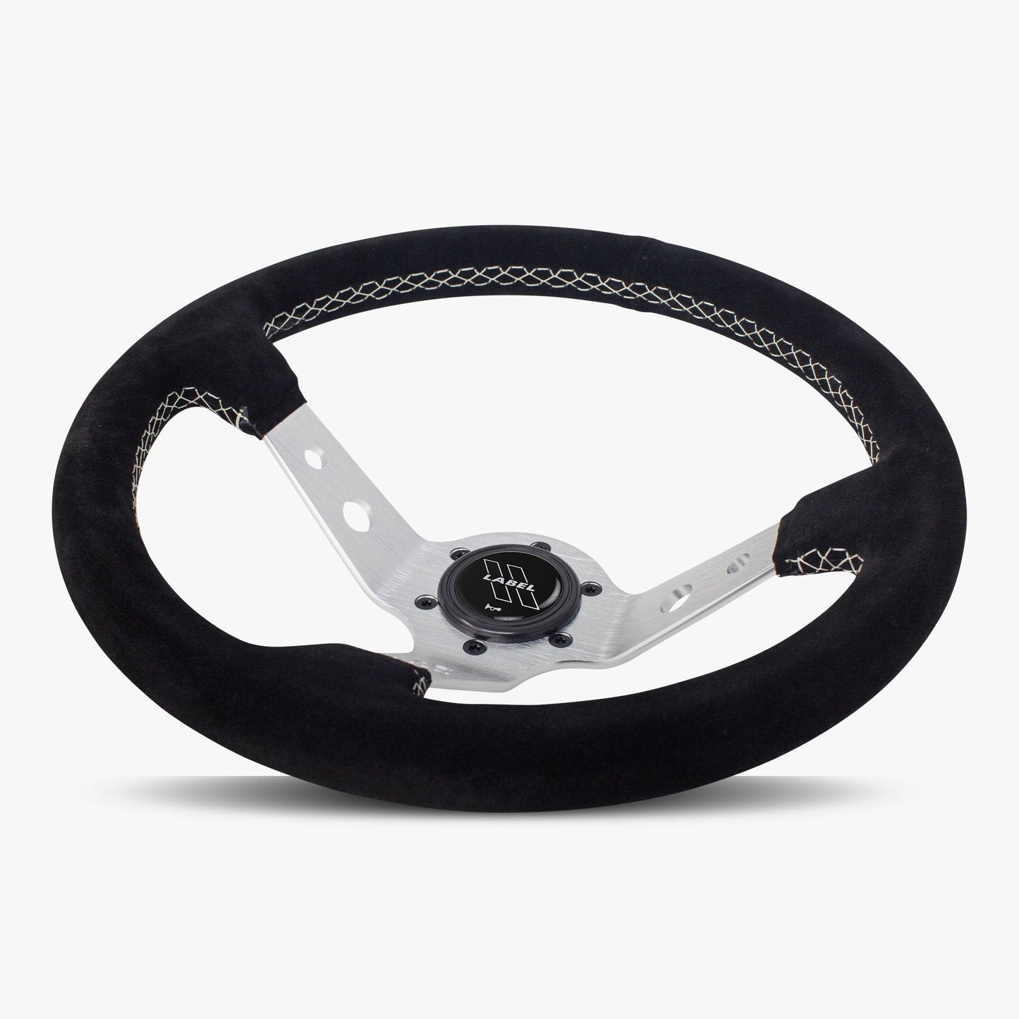 The Daytona Steering Wheel | Black Alcantara | Silver Spokes | White Stitching - Korvel