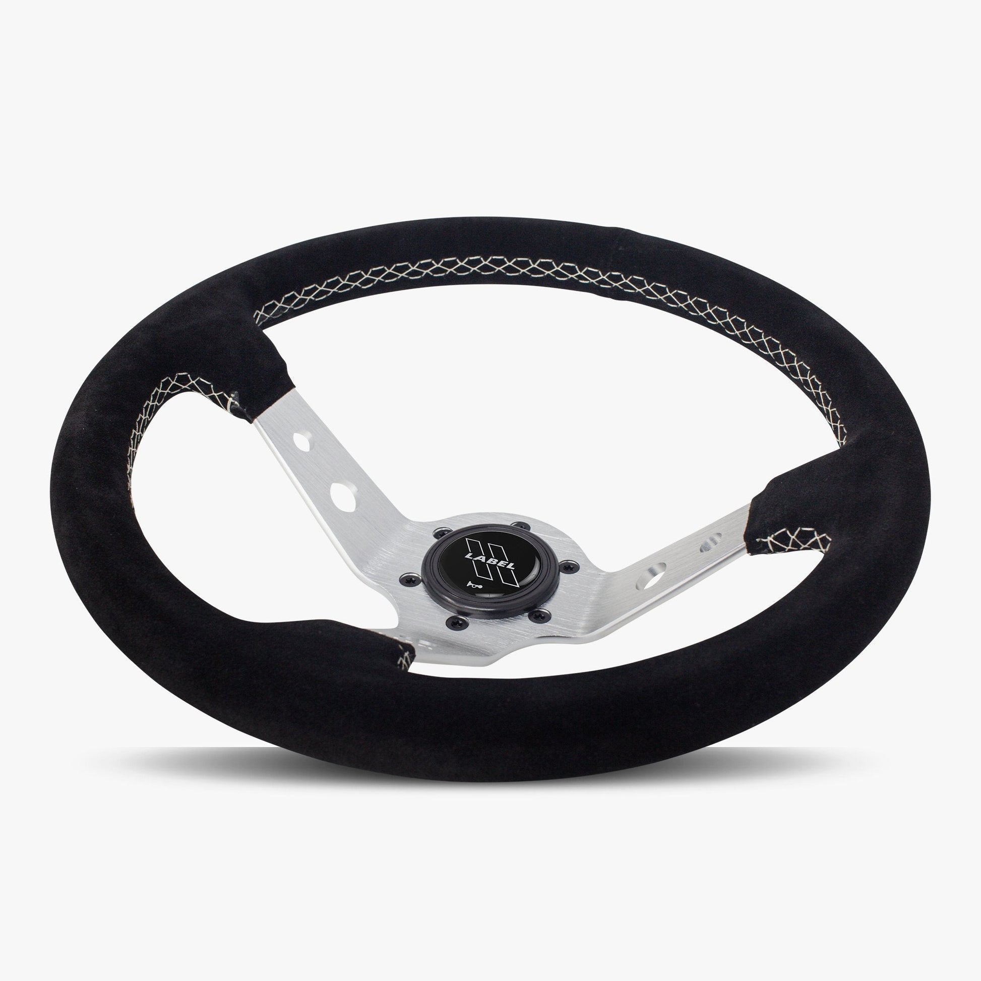 The Daytona Steering Wheel | Black Alcantara | Silver Spokes | White Stitching - Korvel