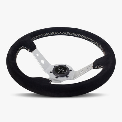 The Daytona Steering Wheel | Black Alcantara | Silver Spokes | White Stitching - Korvel