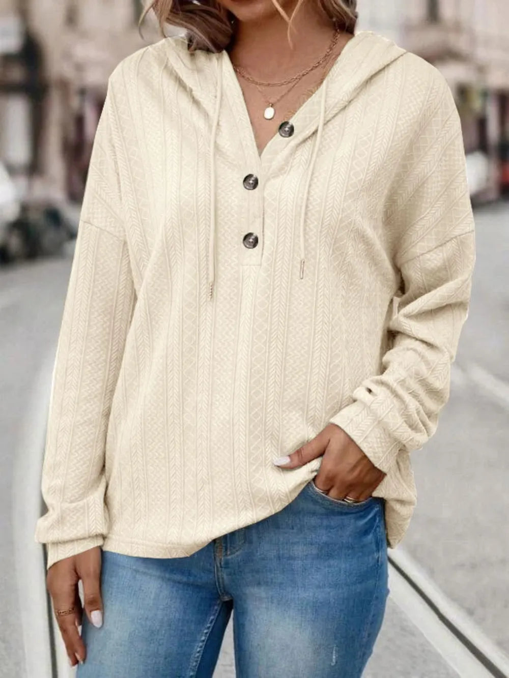 Drawstring Dropped Shoulder Long Sleeve Hoodie - Korvel