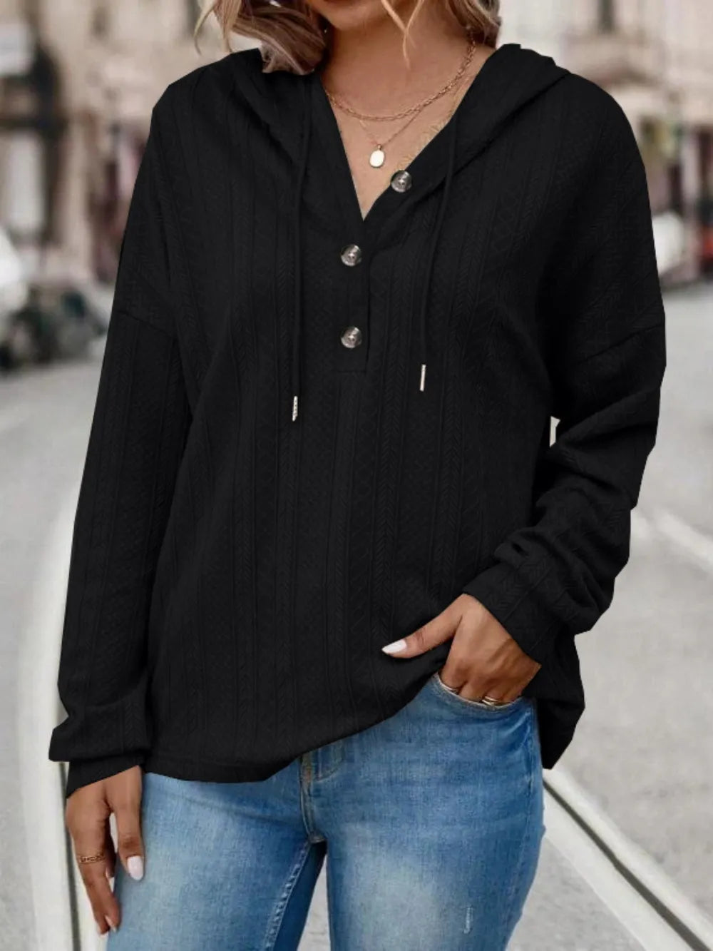 Drawstring Dropped Shoulder Long Sleeve Hoodie - Korvel