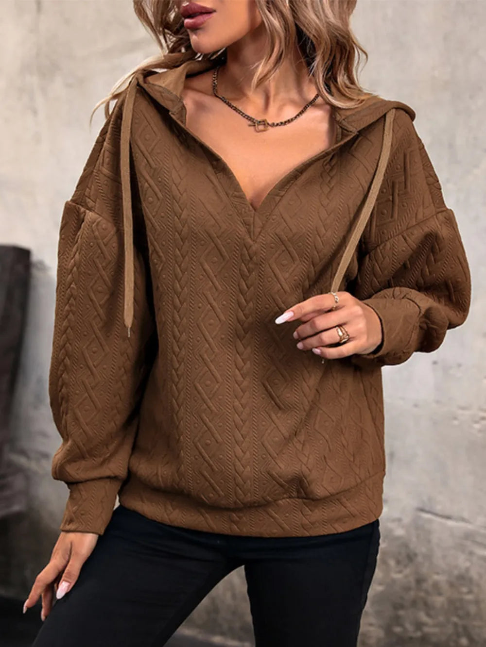 Drawstring Dropped Shoulder Long Sleeve Hoodie - Korvel