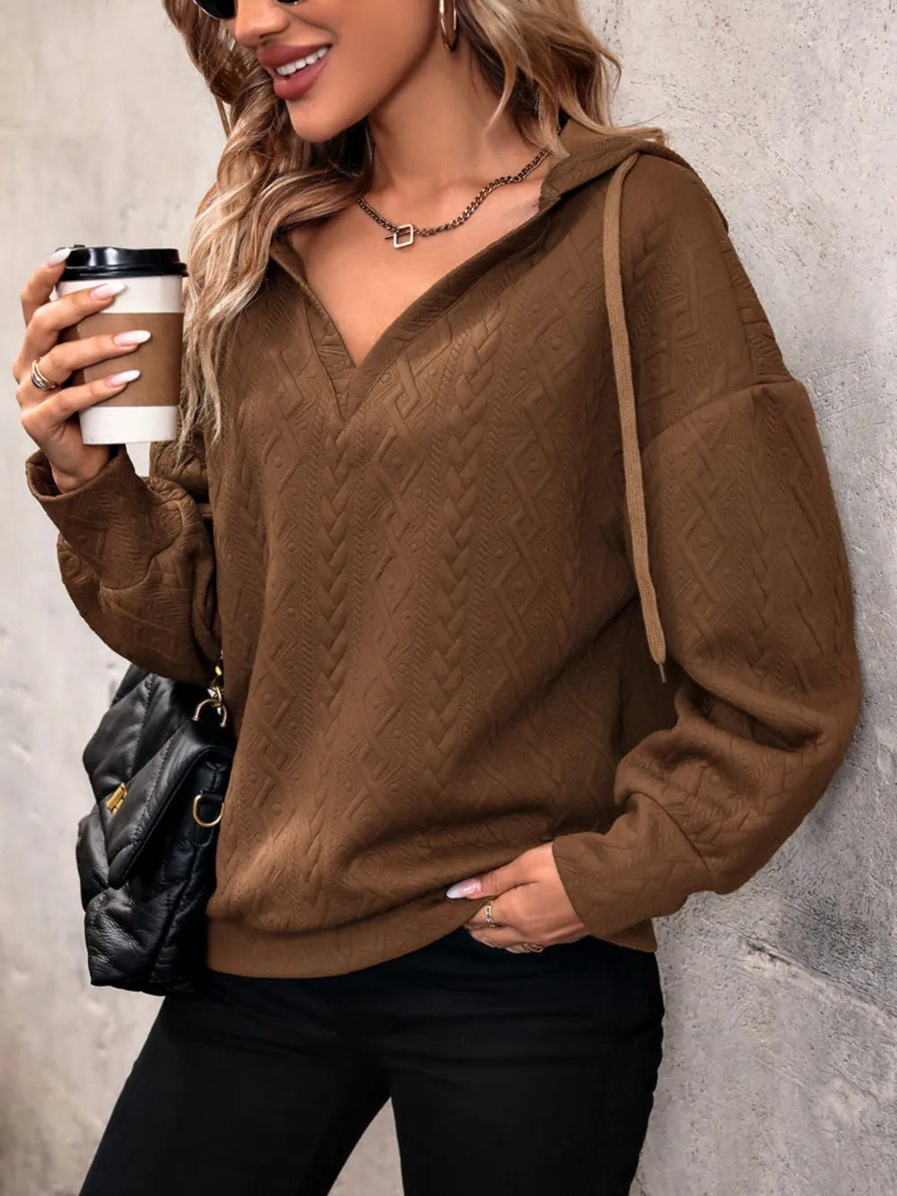 Drawstring Dropped Shoulder Long Sleeve Hoodie - Korvel