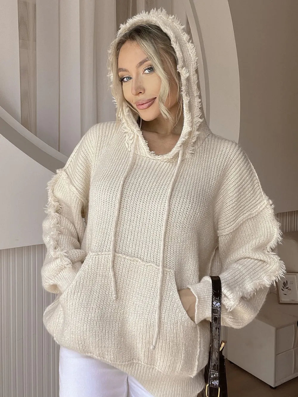 Drawstring Fringe Hem Long Sleeve Hooded Sweater - Korvel