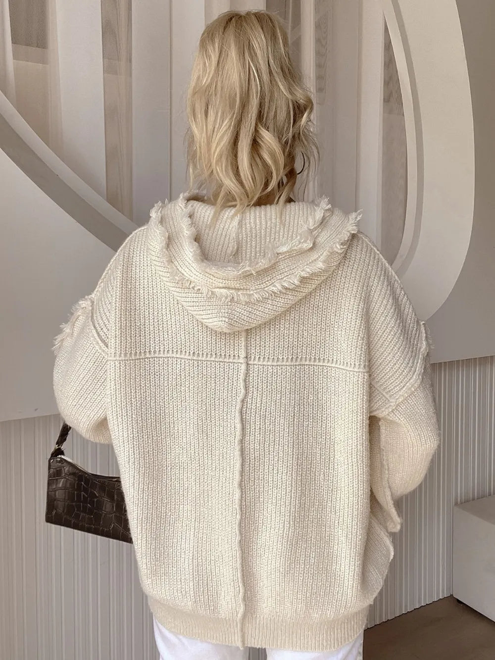 Drawstring Fringe Hem Long Sleeve Hooded Sweater - Korvel