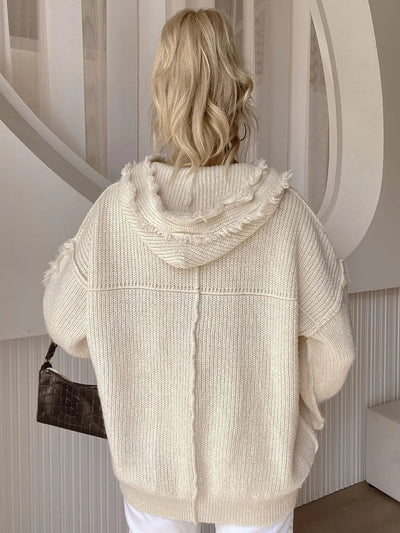 Drawstring Fringe Hem Long Sleeve Hooded Sweater - Korvel