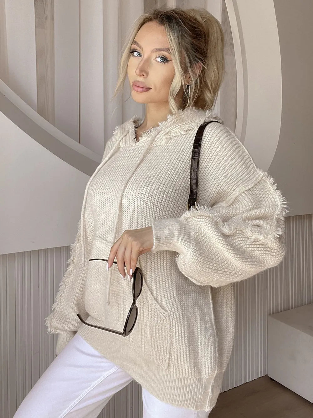 Drawstring Fringe Hem Long Sleeve Hooded Sweater - Korvel