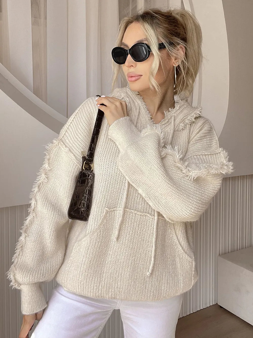 Drawstring Fringe Hem Long Sleeve Hooded Sweater - Korvel