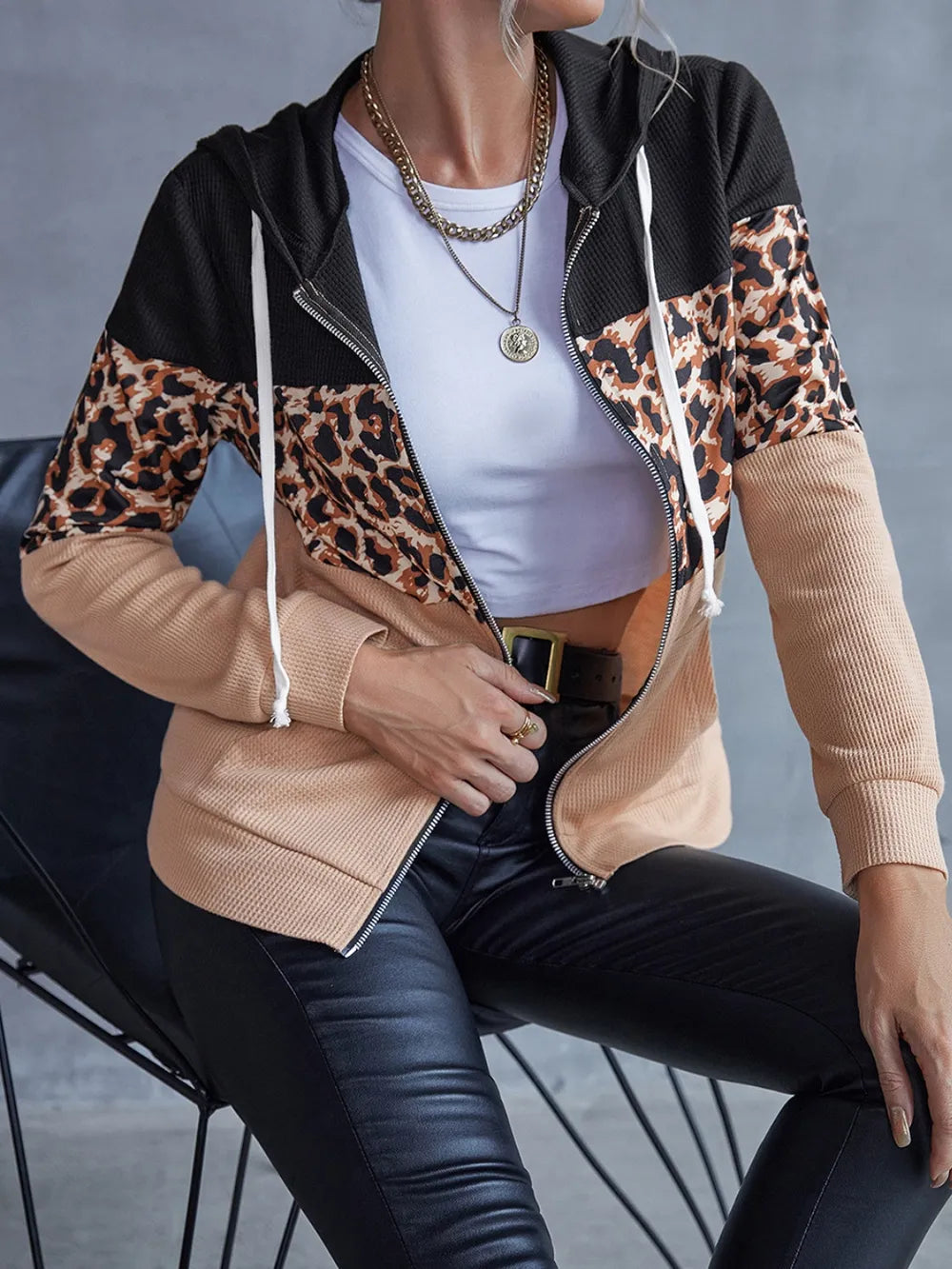 Drawstring Leopard Zip Up Hooded Jacket - Korvel
