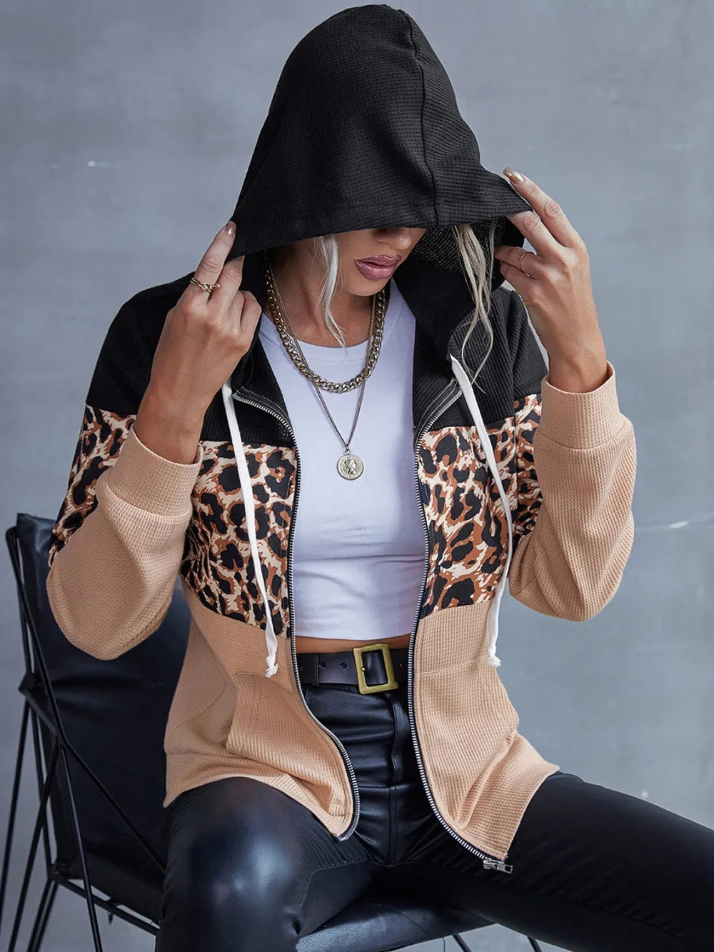 Drawstring Leopard Zip Up Hooded Jacket - Korvel