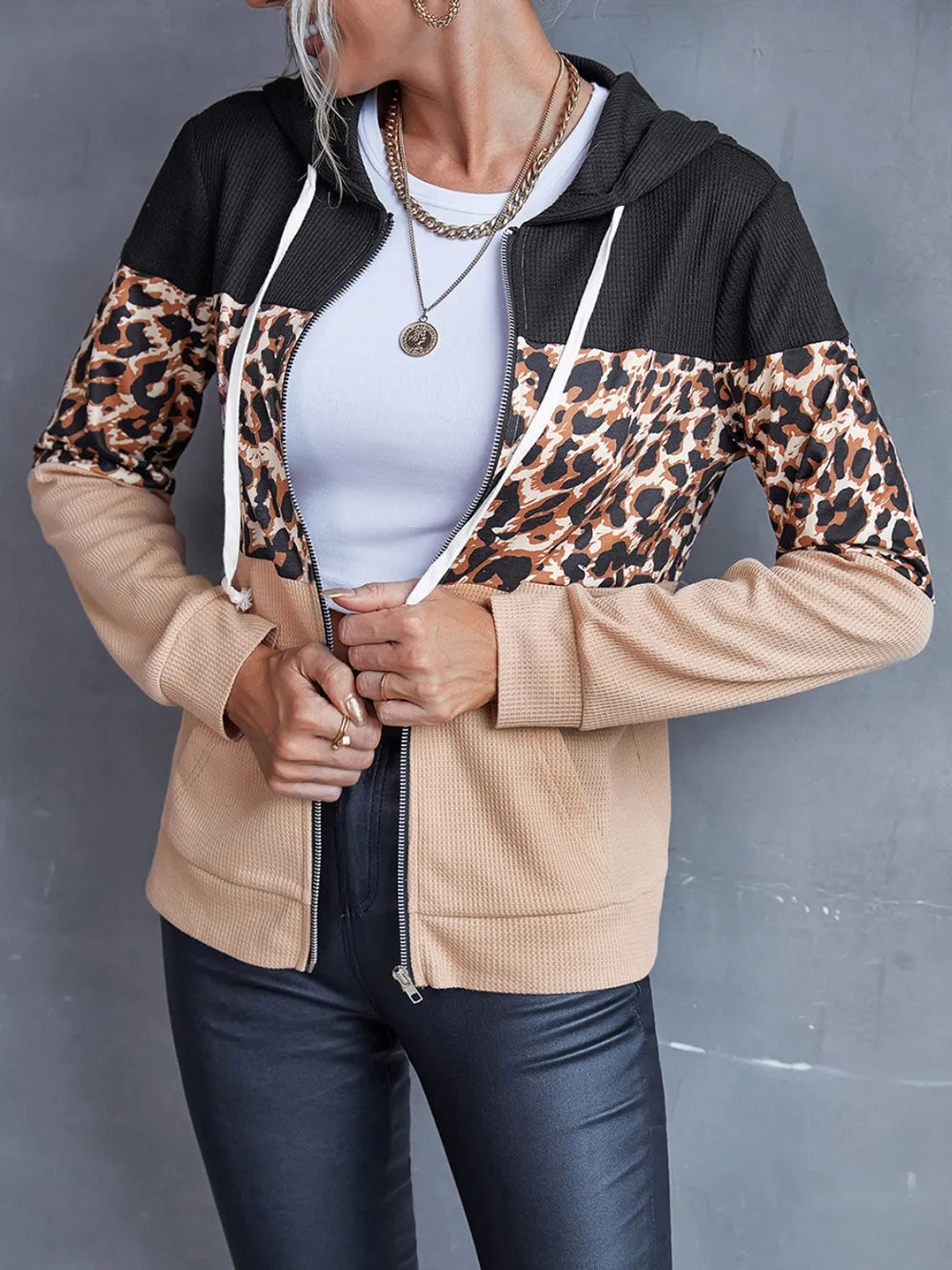 Drawstring Leopard Zip Up Hooded Jacket - Korvel