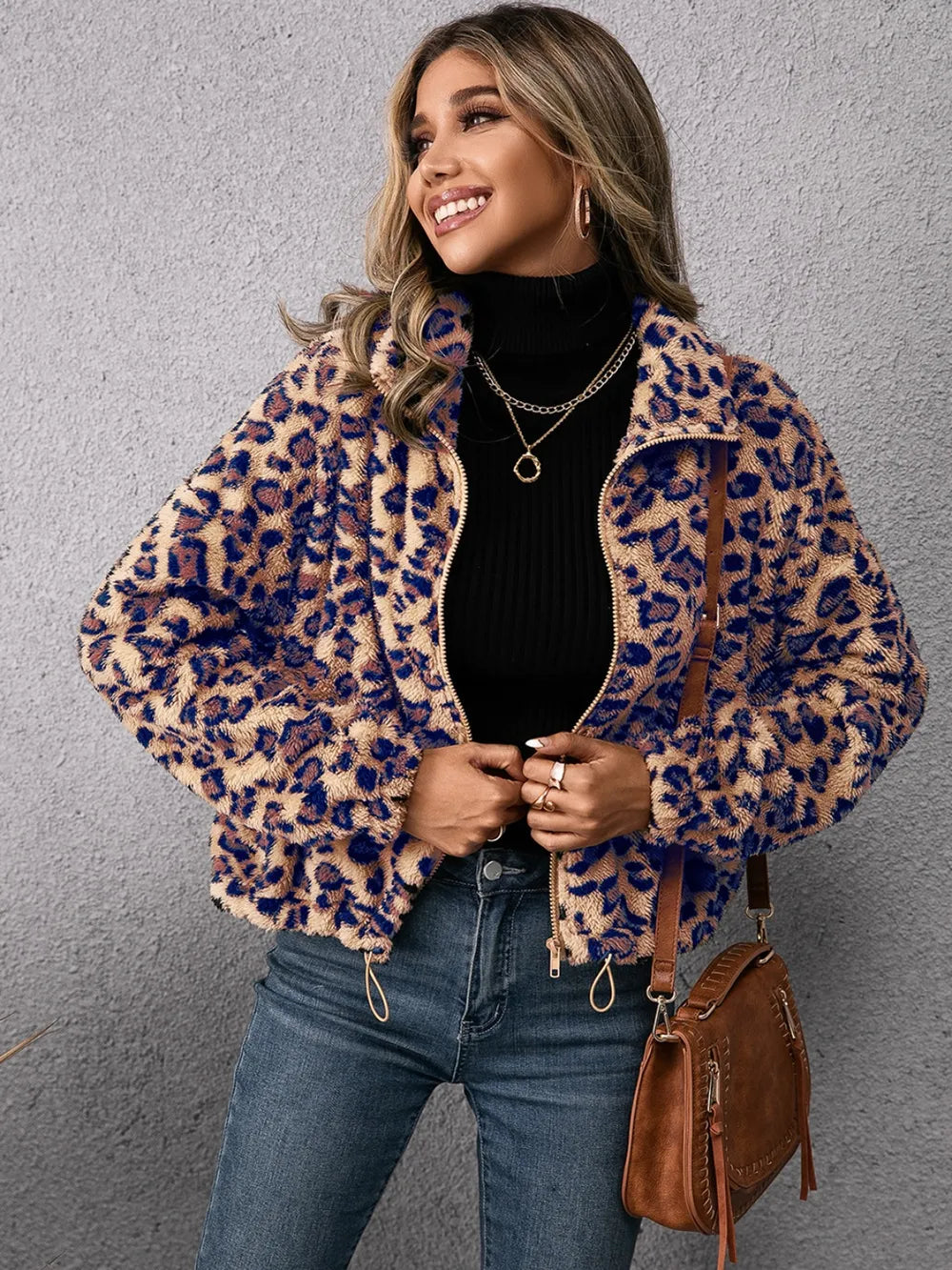 Drawstring Leopard Zip Up Jacket - Korvel