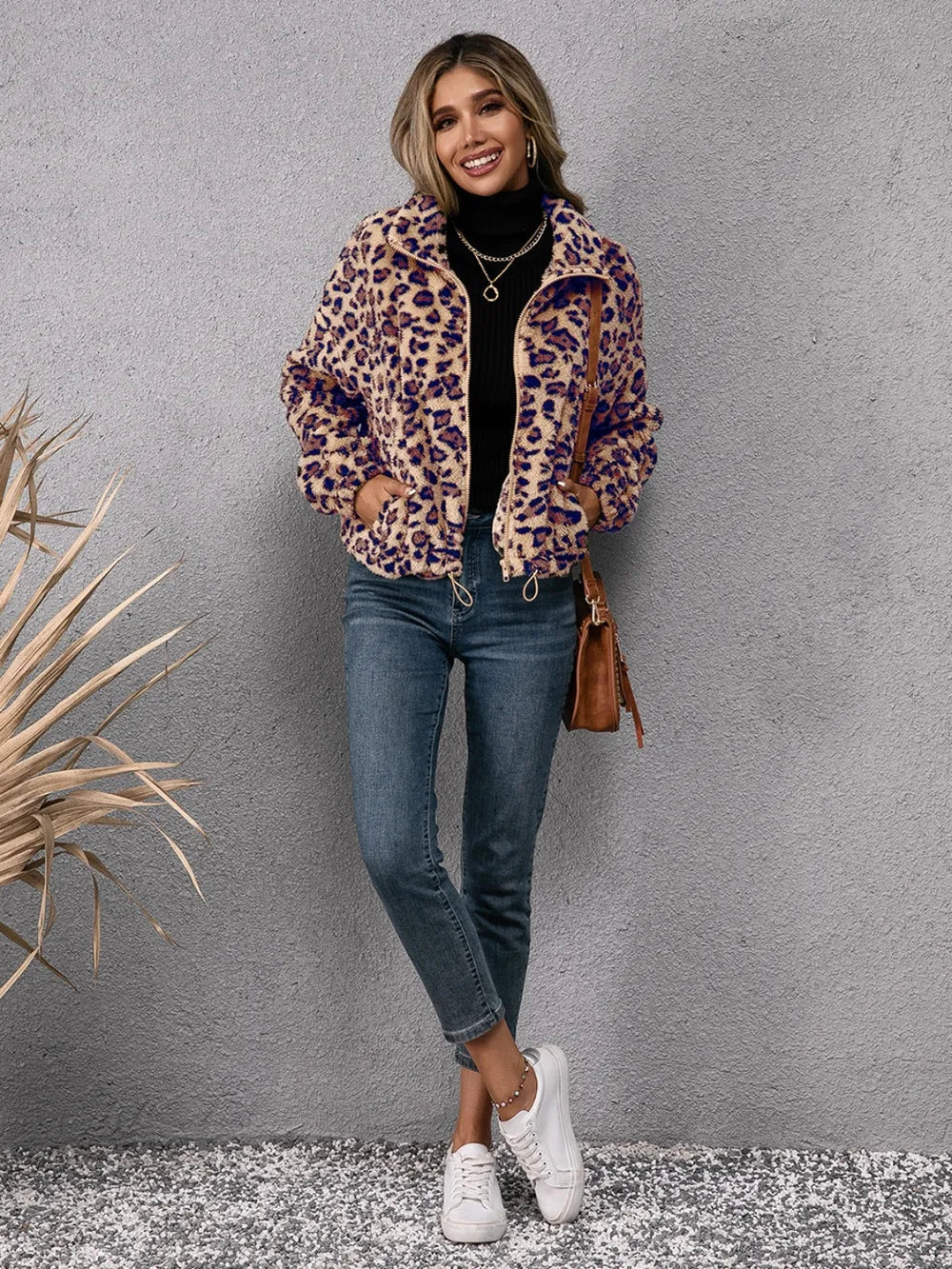 Drawstring Leopard Zip Up Jacket - Korvel