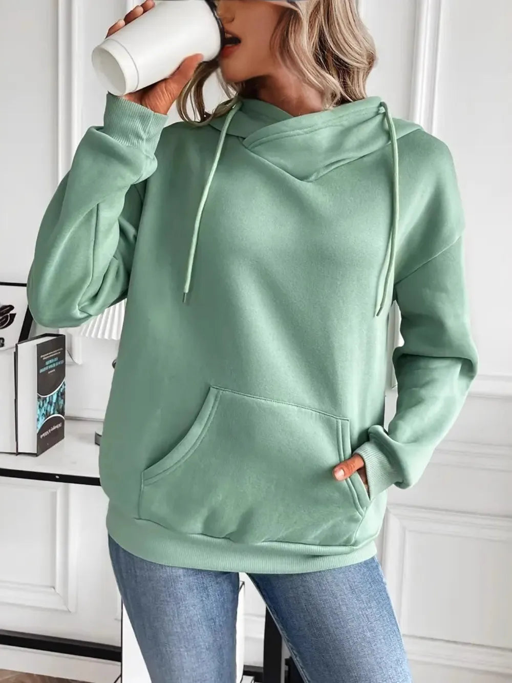 Drawstring Long Sleeve Hoodie with Kangaroo Pocket - Korvel
